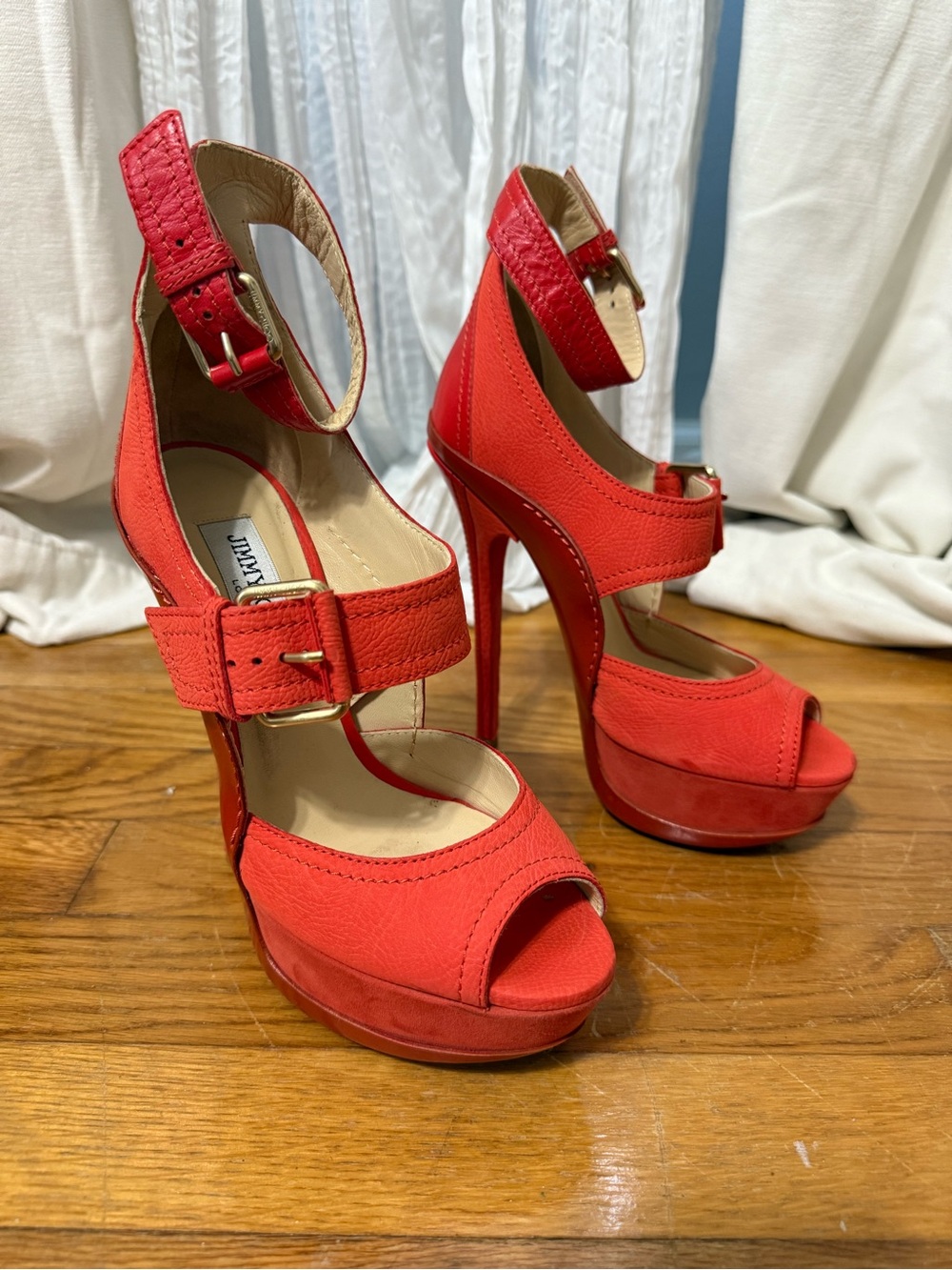 Jimmy Choo Red Peep-Toe Platform Ankle-Strap Stilettos